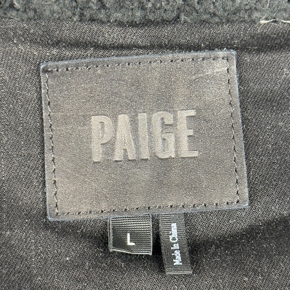 PAIGE Sydney Moto Jacket Night Flight Sherpa Coated Black Stretch Denim Large - Picture 15 of 16